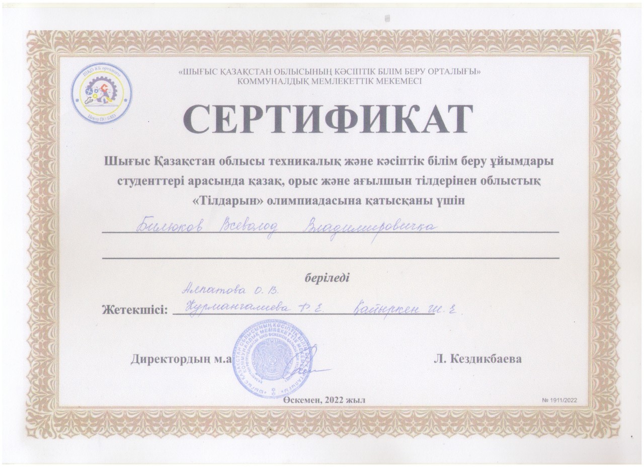 Сертификат Билюков Всеволод